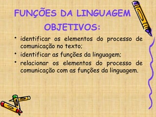 FUNÇÕES DA LINGUAGEM
OBJETIVOS:
• identificar os elementos do processo de
comunicação no texto;
• identificar as funções da linguagem;
• relacionar os elementos do processo de
comunicação com as funções da linguagem.
 