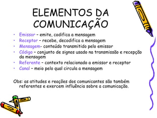 ELEMENTOS DA
COMUNICAÇÃO
• Emissor – emite, codifica a mensagem
• Receptor – recebe, decodifica a mensagem
• Mensagem- conteúdo transmitido pelo emissor
• Código – conjunto de signos usado na transmissão e recepção
da mensagem
• Referente – contexto relacionado a emissor e receptor
• Canal – meio pelo qual circula a mensagem
Obs: as atitudes e reações dos comunicantes são também
referentes e exercem influência sobre a comunicação.
 