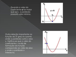 Quando o valor do
     coeficiente a for maior
     que zero, a parábola
     possuirá valor mínimo.




Outra relação importante na
função do 2º grau é o ponto
onde a parábola corta o eixo
y. Verifica-se que o valor do
coeficiente c na lei de
formação da função
corresponde ao valor do eixo
y onde a parábola o
intersecta.
 
