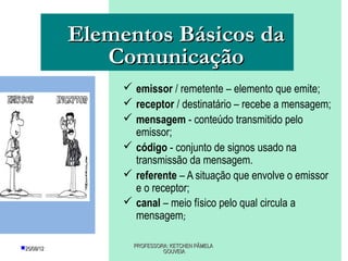 Elementos Básicos da
               Comunicação
                  emissor / remetente – elemento que emite;
                  receptor / destinatário – recebe a mensagem;
                  mensagem - conteúdo transmitido pelo
                   emissor;
                  código - conjunto de signos usado na
                   transmissão da mensagem.
                  referente – A situação que envolve o emissor
                   e o receptor;
                  canal – meio físico pelo qual circula a
                   mensagem;

25/08/12          PROFESSORA: KETCHEN PÂMELA
                            GOUVEIA
 