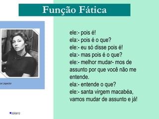 Função Fática

                              ele:- pois é!
                              ela:- pois é o que?
                              ele:- eu só disse pois é!
                              ela:- mas pois é o que?
                              ele:- melhor mudar- mos de
                              assunto por que você não me
                              entende.
ce Lispector
                              ela:- entende o que?
                              ele:- santa virgem macabéa,
                              vamos mudar de assunto e já!

         25/08/12      PROFESSORA: KETCHEN PÂMELA
                                 GOUVEIA
 