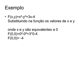 Exemplo
• F(x,y)=x²-y²+3x-4
Substituindo na função os valores de x e y
onde x e y são equivalentes a 0
F(0,0)=0²-0²+3*0-4
F(0,0)= -4