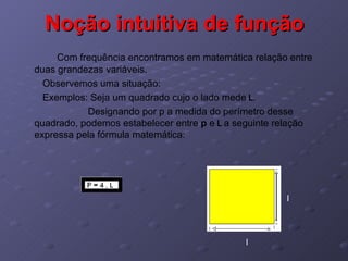 Noção intuitiva de função Com frequência encontramos em matemática relação entre duas grandezas variáveis. Observemos uma situação: Exemplos: Seja um quadrado cujo o lado mede   L . Designando por p a medida do perímetro desse quadrado, podemos estabelecer entre  p  e   L   a seguinte relação expressa pela fórmula matemática:  L L 