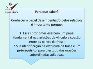 Para que saber?

Conhecer o papel desempenhado pelos relativos
            é importante porque:

     1. Esses pronomes exercem um papel
 fundamental nas relações de vínculo e coesão
            entre as partes da frase;
 2.Sua identificação na estrutura da frase é um
    pré-requisito para o estudo das orações
            subordinadas adjetivas.
 