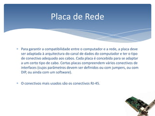 Para garantir a compatibilidade entre o computador e a rede, a placa deve ser adaptada à arquitectura do canal de dados do computador e ter o tipo de conectivo adequado aos cabos. Cada placa é concebida para se adaptar a um certo tipo de cabo. Certas placas compreendem vários conectivos de interfaces (cujos parâmetros devem ser definidos ou com jumpers, ou com DIP, ou ainda com um software). O conectivos mais usados são os conectivos RJ-45.Placa de Rede