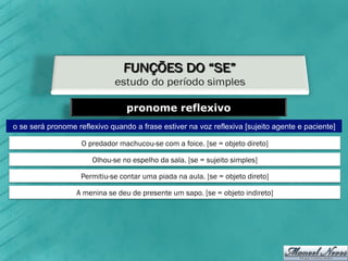 pronome reflexivo
o se será pronome reflexivo quando a frase estiver na voz reflexiva [sujeito agente e paciente]

                    O predador machucou-se com a foice. [se = objeto direto]

                       Olhou-se no espelho da sala. [se = sujeito simples]

                    Permitiu-se contar uma piada na aula. [se = objeto direto]

                  A menina se deu de presente um sapo. [se = objeto indireto]
 