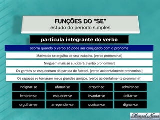partícula integrante do verbo
        ocorre quando o verbo só pode ser conjugado com o pronome

             Marivaldo se orgulha de seu trabalho. [verbo pronominal]

                 Ninguém mais se suicidará. [verbo pronominal]

Os garotos se esqueceram da partida de futebol. [verbo acidentalmente pronominal]

Os rapazes se tornaram meus grandes amigos. [verbo acidentalmente pronominal]

  indignar-se            ufanar-se             atrever-se           admirar-se

  lembrar-se           esquecer-se            levantar-se               deitar-se

  orgulhar-se         arrepender-se           queixar-se                dignar-se
 