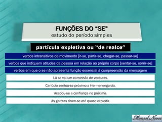 partícula expletiva ou “de realce”
        verbos intransitivos de movimento [ir-se, partir-se, chegar-se, passar-se]
verbos que indiquem atitudes da pessoa em relação ao próprio corpo [sentar-se, sorrir-se]
   verbos em que o se não apresenta função essencial à compreensão da mensagem

                           Lá se vai um caminhão de verduras.

                      Carlúcio sentou-se próximo a Hermenengarda.

                            Acabou-se a confiança no próximo.

                          As garotas riram-se até quase explodir.
 