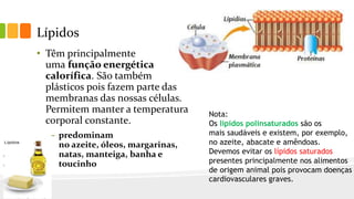 Lípidos
• Têm principalmente
uma função energética
calorífica. São também
plásticos pois fazem parte das
membranas das nossas células.
Permitem manter a temperatura
corporal constante.
– predominam
no azeite, óleos, margarinas,
natas, manteiga, banha e
toucinho
Nota:
Os lípidos polinsaturados são os
mais saudáveis e existem, por exemplo,
no azeite, abacate e amêndoas.
Devemos evitar os lípidos saturados
presentes principalmente nos alimentos
de origem animal pois provocam doenças
cardiovasculares graves.
 