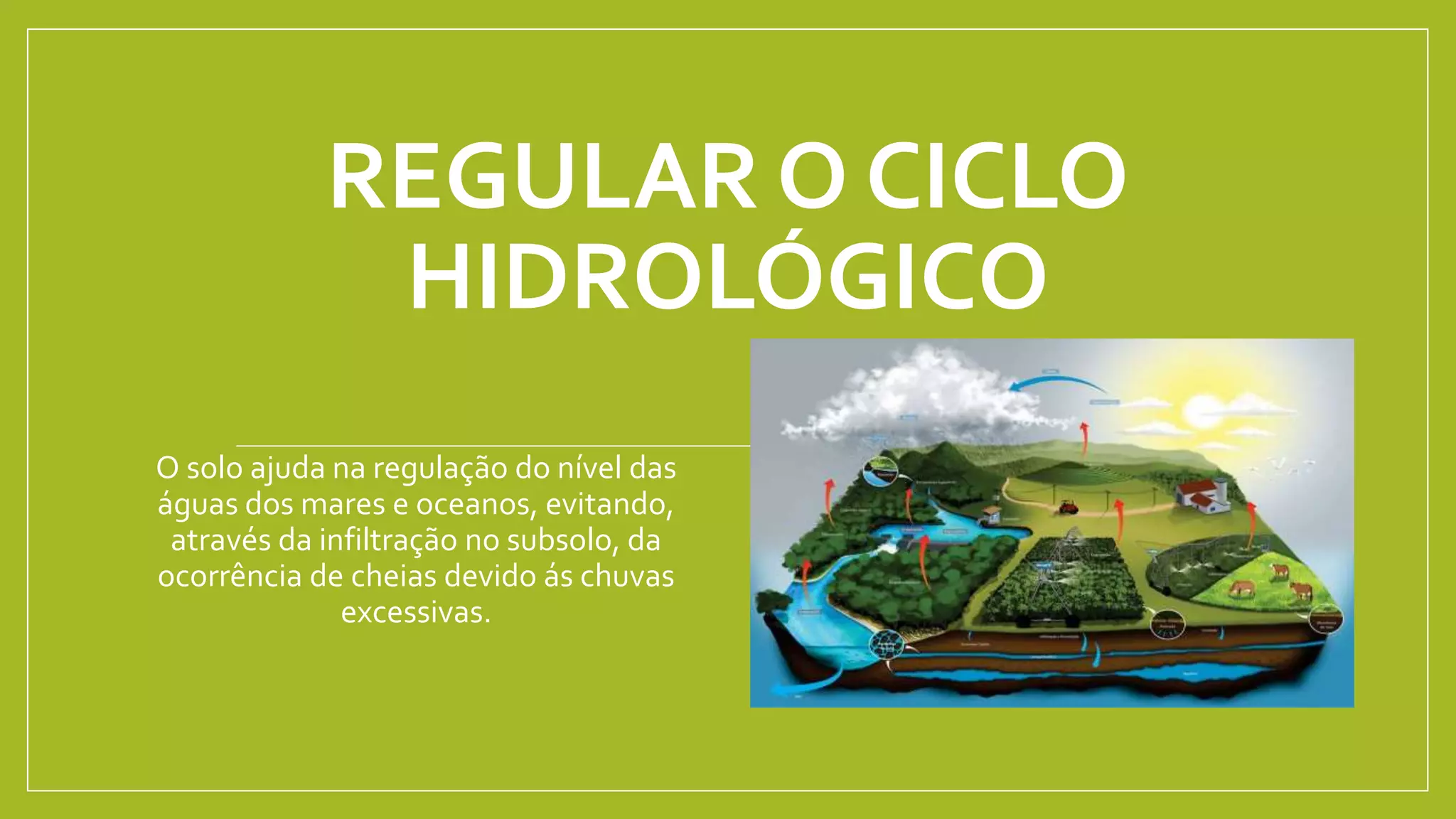 REGULAR O CICLO
HIDROLÓGICO
O solo ajuda na regulação do nível das
águas dos mares e oceanos, evitando,
através da infiltração no subsolo, da
ocorrência de cheias devido ás chuvas
excessivas.
 