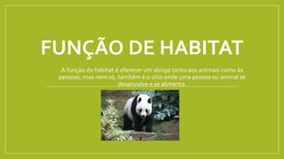FUNÇÃO DE HABITAT
A função do habitat é oferecer um abrigo tanto aos animais como às
pessoas, mas nem só, também é o sitio onde uma pessoa ou animal se
desenvolve e se alimenta.
 