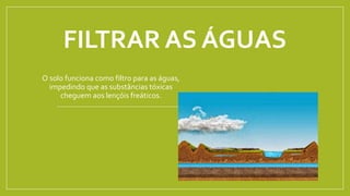 FILTRAR AS ÁGUAS
O solo funciona como filtro para as águas,
impedindo que as substâncias tóxicas
cheguem aos lençóis freáticos.
 