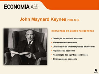 John Maynard Keynes (1883-1946)
 Condução de políticas anti-crise
 Planeamento da economia
 Constituição de um setor público empresarial
 Regulação da economia
 Fiscalização dos agentes económicos
 Dinamização da economia
Intervenção do Estado na economia
 