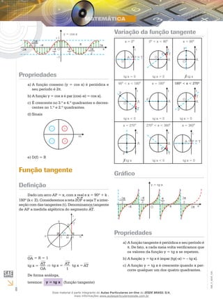 6
EM_V_MAT_025
Propriedades
A função cosseno (y = cos x) é periódica ea)	
seu período é 2π.
A função y = cos x é par [cos(–x) = cos x].b)	
É crescente no 3.º e 4.º quadrantes e decres-c)	
centes no 1.º e 2.º quadrantes.
Sinaisd)	
D(f) = Re)	
Função tangente
Definição
Dado um arco AP = x, com x real e x = 90º + k .
180º (k ∈ Z). Consideremos a reta 2OP e seja T a inter-
seção com das tangentes (t). Denominamos tangente
de AP a medida algébrica do segmento AT.
OA = R = 1
AT
tg x =
OA
tg x = AT
1
tg x =AT
De forma análoga,
teremos: y = tg x (função tangente)
Variação da função tangente
180º < x < 270º
Gráfico
Propriedades
A função tangente é periódica e seu período éa)	
π. De fato, a cada meia volta verificamos que
os valores da função y = tg x se repetem.
A função y = tg x é ímpar [tg(–x) = – tg x].b)	
A função y = tg x é crescente quando x per-c)	
corre qualquer um dos quatro quadrantes.
Esse material é parte integrante do Aulas Particulares on-line do IESDE BRASIL S/A,
mais informações www.aulasparticularesiesde.com.br
 
