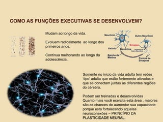 COMO AS FUNÇÕES EXECUTIVAS SE DESENVOLVEM?
Mudam ao longo da vida.
Evoluem radicalmente ao longo dos
primeiros anos.
Continua melhorando ao longo da
adolescência.
Somente no inicio da vida adulta tem redes
‘tipo’ adulta que estão fortemente ativadas e
que se conectam juntas às diferentes regiões
do cérebro.
Podem ser treinadas e desenvolvidas
Quanto mais você exercita esta área , maiores
são as chances de aumentar sua capacidade
porque esta fortalecendo aquelas
neuroconexões – PRINCÍPIO DA
PLASTICIDADE NEURAL.
 