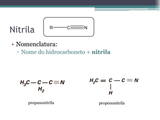 Nitrila
• Nomenclatura:
▫ Nome do hidrocarboneto + nitrila
propanonitrila propenonitrila
 
