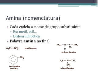 Amina (nomenclatura)
• Cada cadeia = nome de grupo substituínte
▫ Ex: metil, etil...
▫ Ordem alfabética
• Palavra amina no final.
 