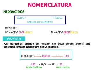CLASSIFICAÇÃO QUANTO À PRESENÇA DE OXIGÊNIOHIDRÁCIDOSOXIÁCIDOSPossuem oxigênio em sua moléculaNão possuem oxigênio em sua moléculaHxEOyEX: HF; HBr; HI; H2SEX: H2SO4      H3PO3HNO3