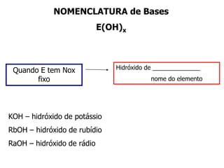 QUATERNÁRIO – 4 ELEMENTOS            Ex: HCNONOMENCLATURAHIDRÁCIDOSÁCIDO + ___________________ + ÍDRICORADICAL DO ELEMENTO   EXEMPLOS:HCl – ÁCIDOCLORÍDRICO                        HBr – ÁCIDOBROMÍDRICOIMPORTANTEOs hidrácidos quando se ionizam em água geram ânions que possuem uma nomenclatura derivada deles. ÂNION-+HIDRÁCIDO  ÍDRICO ETO  HCl + H2O   ->  H+   +Cl-Ânion cloretoÁcido clorídrico