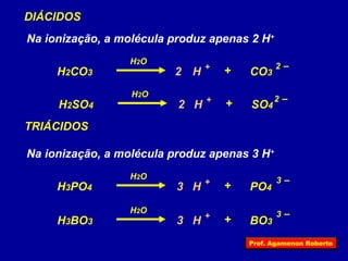DIÁCIDOS 
Na ionização, a molécula produz apenas 2 H+ 
H2O 
H2CO3 2 
H + + CO3 2 – 
H2O 2 – 2 
H2SO4 H + + SO4 
TRIÁCIDOS 
Na ionização, a molécula produz apenas 3 H+ 
H2O 
H3PO4 3 
H + + PO4 3 – 
H2O 3 – 3 
H3BO3 H + + BO3 
Prof. Agamenon Roberto 
 