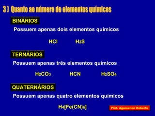 Possuem apenas dois elementos químicos 
HCl 
H2S 
TERNÁRIOS 
H2CO3 HCN H2SO4 
H4[Fe(CN)6] 
BINÁRIOS 
Possuem apenas três elementos químicos 
QUATERNÁRIOS 
Possuem apenas quatro elementos químicos 
Prof. Agamenon Roberto 
 