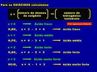 Para os OXIÁCIDOS calculamos 
x = número de átomos 
número de 
de oxigênio hidrogênios 
ionizáveis 
x = 0 Ácido fraco 
H3BO3 x = 3 – 3 = 0 ácido fraco 
x = 1 Ácido médio 
Prof. Agamenon Roberto 
H3PO4 x = 4 – 3 = 1 ácido médio 
x = 2 Ácido forte 
H2SO4 x = 4 – 2 = 2 ácido forte 
x = 3 Ácido muito forte 
HClO x = 4 – 1 = 3 ácido muito forte 4 
 