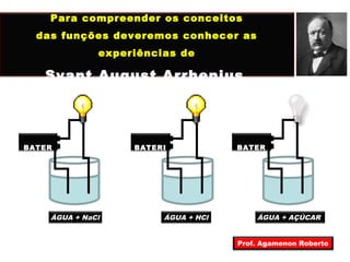 Para compreender os conceitos 
das funções deveremos conhecer as 
experiências de 
Svant August Arrhenius 
BATER 
IA 
ÁGUA + NaCl 
BATERI 
A 
ÁGUA + HCl 
BATER 
IA 
ÁGUA + AÇÚCAR 
Prof. Agamenon Roberto 
 