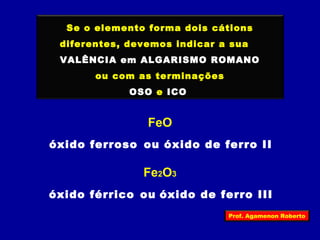 Se o elemento forma dois cátions 
diferentes, devemos indicar a sua 
VALÊNCIA em ALGARISMO ROMANO 
ou com as terminações 
OSO e ICO 
FeO 
óxido ferroso ou óxido de ferro II 
Fe2O3 
óxido férrico ou óxido de ferro III 
Prof. Agamenon Roberto 
