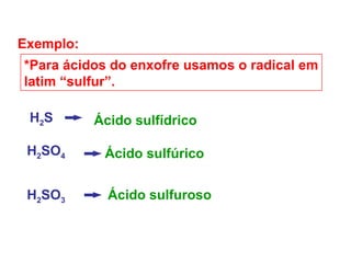 Exemplo:
H2S Ácido sulfídrico
H2SO3 Ácido sulfuroso
H2SO4 Ácido sulfúrico
*Para ácidos do enxofre usamos o radical em
latim “sulfur”.
 