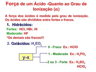 Força de um Ácido -Quanto ao Grau de
Ionização (α)
1.1. Hidrácidos:Hidrácidos:
Fortes: HCl, HBr, HI
Moderado: HF
*Os demais são fracos!!!
2. Oxiácidos:Oxiácidos: HxEOy
0 - Fraco Ex.: HClO
1 - Moderado Ex.: H3PO4
2 ou 3 - Forte Ex.: H2SO4
HClO4
y-x
A força dos ácidos é medida pelo grau de ionização.
Os ácidos são divididos entre fortes e fracos.
 