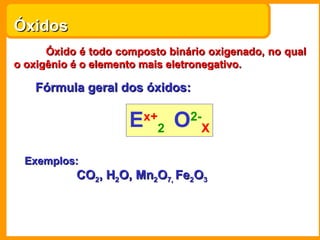 Óxidos
      Óxido é todo composto binário oxigenado, no qual
o oxigênio é o elemento mais eletronegativo.

   Fórmula geral dos óxidos:

                     E   x+
                           2   O   2-
                                     X

 Exemplos:
           CO2, H2O, Mn2O7, Fe2O3
 