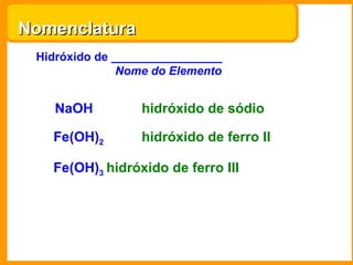 Nomenclatura  Hidróxido de _________________  Nome do Elemento NaOH hidróxido de sódio Fe(OH) 2  hidróxido de ferro II Fe(OH) 3  hidróxido de ferro III 