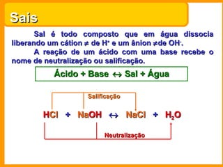 Sais  Sal é todo composto que em água dissocia liberando um cátion    de H +  e um ânion   de OH - . A reação de um ácido com uma base recebe o nome de neutralização ou salificação. Ácido + Base    Sal + Água HCl  +  NaOH     NaCl  +  H 2 O H Cl   +  Na OH      NaCl   +  H 2 O Neutralização Salificação 