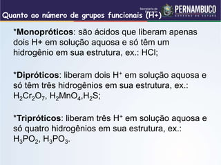 Quanto ao número de grupos funcionais (H+)
*Monopróticos: são ácidos que liberam apenas
dois H+ em solução aquosa e só têm um
hidrogênio em sua estrutura, ex.: HCl;
*Dipróticos: liberam dois H+ em solução aquosa e
só têm três hidrogênios em sua estrutura, ex.:
H2Cr2O7, H2MnO4,H2S;
*Tripróticos: liberam três H+ em solução aquosa e
só quatro hidrogênios em sua estrutura, ex.:
H3PO2, H3PO3.
 