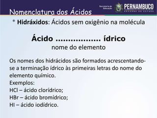 Nomenclatura dos Ácidos
* Hidráxidos: Ácidos sem oxigênio na molécula
Ácido .................. ídrico
nome do elemento
Os nomes dos hidrácidos são formados acrescentando-
se a terminação ídrico às primeiras letras do nome do
elemento químico.
Exemplos:
HCl – ácido clorídrico;
HBr – ácido bromídrico;
HI – ácido iodídrico.
 