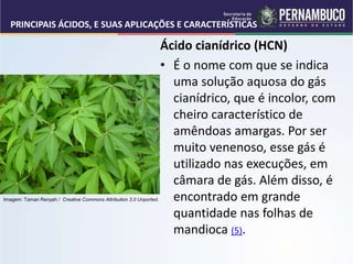PRINCIPAIS ÁCIDOS, E SUAS APLICAÇÕES E CARACTERÍSTICAS
Ácido cianídrico (HCN)
• É o nome com que se indica
uma solução aquosa do gás
cianídrico, que é incolor, com
cheiro característico de
amêndoas amargas. Por ser
muito venenoso, esse gás é
utilizado nas execuções, em
câmara de gás. Além disso, é
encontrado em grande
quantidade nas folhas de
mandioca (5).
Imagem: Taman Renyah / Creative Commons Attribution 3.0 Unported.
 