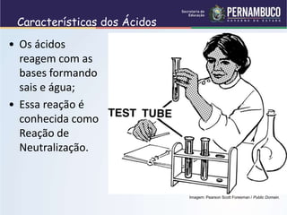 Características dos Ácidos
• Os ácidos
reagem com as
bases formando
sais e água;
• Essa reação é
conhecida como
Reação de
Neutralização.
Imagem: Pearson Scott Foresman / Public Domain.
 