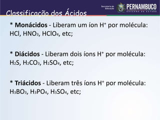 Classificação dos Ácidos
* Monácidos - Liberam um íon H+ por molécula:
HCl, HNO3, HClO4, etc;
* Diácidos - Liberam dois íons H+ por molécula:
H2S, H2CO3, H2SO4, etc;
* Triácidos - Liberam três íons H+ por molécula:
H3BO3, H3PO4, H3SO4, etc;
 
