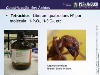 Classificação dos Ácidos
• Tetrácidos - Liberam quatro íons H+ por
molécula: H4P2O7, H4SiO4, etc.
Algumas formigas
liberam ácido fórmico.
Imagem:
(a)
GNU
Free
Documentation
License
e
(b)
Steve
Jurvetson
/
Creative
Commons
Attribution
2.0
Generic.
 