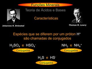 Funções Minerais
                       Teoria de Ácidos e Bases

                            Características
Johannes N. Brönsted                              Thomas M. Lowry




         Espécies que se diferem por um próton H+
               são chamadas de conjugados
      H2SO4 e HSO4-                           NH3 e NH4+
            Conjugados                         Conjugados

                              H2S e HS-
                               Conjugados
 