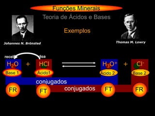 Funções Minerais
                       Teoria de Ácidos e Bases

                              Exemplos
Johannes N. Brönsted                                 Thomas M. Lowry



recebe            doa

 H2O       +       HCl                      H3O+ +             Cl-
Base 1            Ácido1                   Ácido 2           Base 2

                 conjugados
  FR              FT      conjugados         FT               FR
 
