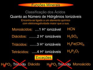 Funções Minerais
             Classificação dos Ácidos
     Quanto ao Número de Hidrgênios Ionizáveis
            Encontra-se ligado a um elemento químico
             com eletronegatividade maior que a sua.

      Monoácidos: ....1 H+ ionizável             HCN

      Diácidos: ........2 H+ ionizáveis          H2SO4

      Triácidos: .......3 H+ ionizáveis          H3Fe(CN)6

     Tetrácidos: .....4 H+ ionizáveis            H4P2O7
                       Exceções
H3PO3 Triácido Diácido          H3PO2 Triácido Monoácido
 