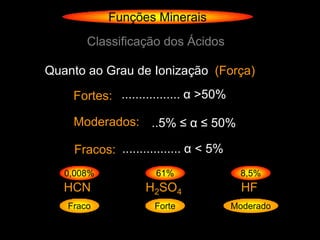 Funções Minerais
       Classificação dos Ácidos

Quanto ao Grau de Ionização (Força)

    Fortes: ................. α >50%

    Moderados: ..5% ≤ α ≤ 50%

    Fracos: ................. α < 5%
   0,008%            61%                8,5%
   HCN             H2SO4                 HF
   Fraco             Forte             Moderado
 