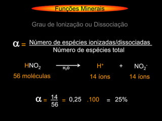 Funções Minerais

     Grau de Ionização ou Dissociação


=   Número de espécies ionizadas/dissociadas
            Número de espécies total

   HNO2           H2O        H+      +      NO2-
56 moléculas               14 íons         14 íons


       =      14
                  = 0,25 .100      = 25%
               56
 