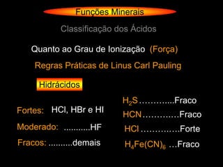Funções Minerais
            Classificação dos Ácidos

   Quanto ao Grau de Ionização (Força)
    Regras Práticas de Linus Carl Pauling

      Hidrácidos
                           H2S ………....Fraco
Fortes: HCl, HBr e HI      HCN……….…Fraco
Moderado: ...........HF    HCl ……….….Forte
Fracos: ..........demais    H4Fe(CN)6 …Fraco
 
