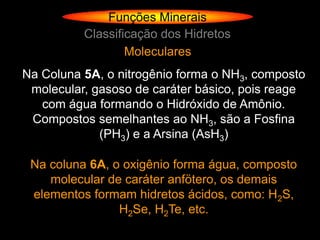 Funções Minerais
          Classificação dos Hidretos
                  Moleculares
Na Coluna 5A, o nitrogênio forma o NH3, composto
 molecular, gasoso de caráter básico, pois reage
   com água formando o Hidróxido de Amônio.
 Compostos semelhantes ao NH3, são a Fosfina
             (PH3) e a Arsina (AsH3)

 Na coluna 6A, o oxigênio forma água, composto
    molecular de caráter anfötero, os demais
 elementos formam hidretos ácidos, como: H2S,
                H2Se, H2Te, etc.
 
