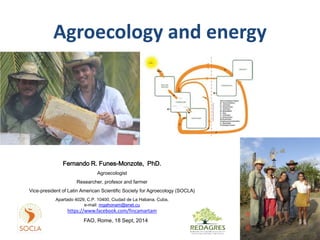 Agroecology and energy 
Fernando R. Funes-Monzote, PhD. 
Agroecologist 
Researcher, profesor and farmer 
Vice-president of Latin American Scientific Society for Agroecology (SOCLA) 
Apartado 4029, C.P. 10400, Ciudad de La Habana, Cuba, 
e-mail: mgahonam@enet.cu 
https://www.facebook.com/fincamartam 
FAO, Rome, 18 Sept, 2014 
 