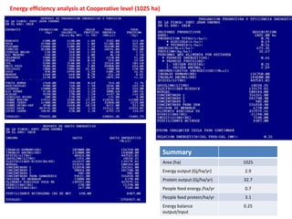 Energy efficiency analysis at Cooperative level (1025 ha) 
Summary 
Area (ha) 1025 
Energy output (Gj/ha/yr) 2.9 
Protein output (Gj/ha/yr) 32.7 
People feed energy /ha/yr 0.7 
People feed protein/ha/yr 3.1 
Energy balance 
0.25 
output/input 
 