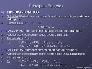 Principais Funções
A) HIDROCARBONETOS:
Definição: São todos os compostos formados unicamente por carbono e
hidrogênio.
Fórmula Geral: R – H (C – H)
Classificação:
A.1) ALCANOS (hidrocarbonetos parafínicos ou parafinas)
Apresentação: Apresentam cadeia aberta e saturada.
Fórmula Geral: CnH2n + 2
Ex: H3C – CH2 – CH3  C3H2.3 + 2  C3H8
H3C – CH2 – CH2 – CH3  C4H2.4 + 2  C4H10
A.2) ALCENOS (hidrocarbonetos etilênicos ou olefinas)
Apresentação: Apresentam cadeia aberta e uma única dupla ligação.
Fórmula Geral: CnH2n
Ex: H3C – CH = CH2  C3H2.3  C3H6
H3C – CH = CH – CH3  C4H2.4  C4H8
Funções Orgânicas
 