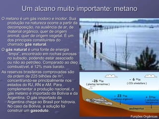 Um alcano muito importante: metano
O metano é um gás inodoro e incolor. Sua
produção na natureza ocorre a partir da
decomposição, na ausência de ar, de
material orgânico, quer de origem
animal, quer de origem vegetal. É um
dos principais constituintes do
chamado gás natural.
O gás natural é uma fonte de energia
“limpa”, encontrado em rochas porosas
no subsolo, podendo estar associado
ou não ao petróleo. Comparado ao óleo
combustível, é 12% mais barato.
As reservas brasileiras comprovadas são
da ordem de 225 bilhões de m3,
concentrando-se principalmente nos
estados do RJ, RN e AM. Para
complementar a produção nacional, o
gás metano é importado da Bolívia e da
Argentina. O gás importado da
Argentina chega ao Brasil por hidrovia.
No caso da Bolívia, a solução foi
construir um gasoduto.
Funções Orgânicas
 